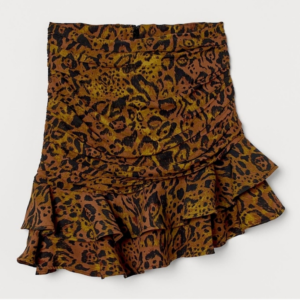 H&M Leopard Print Asymmetrical Ruffle Ruched Draped Mini Skirt Women's 6